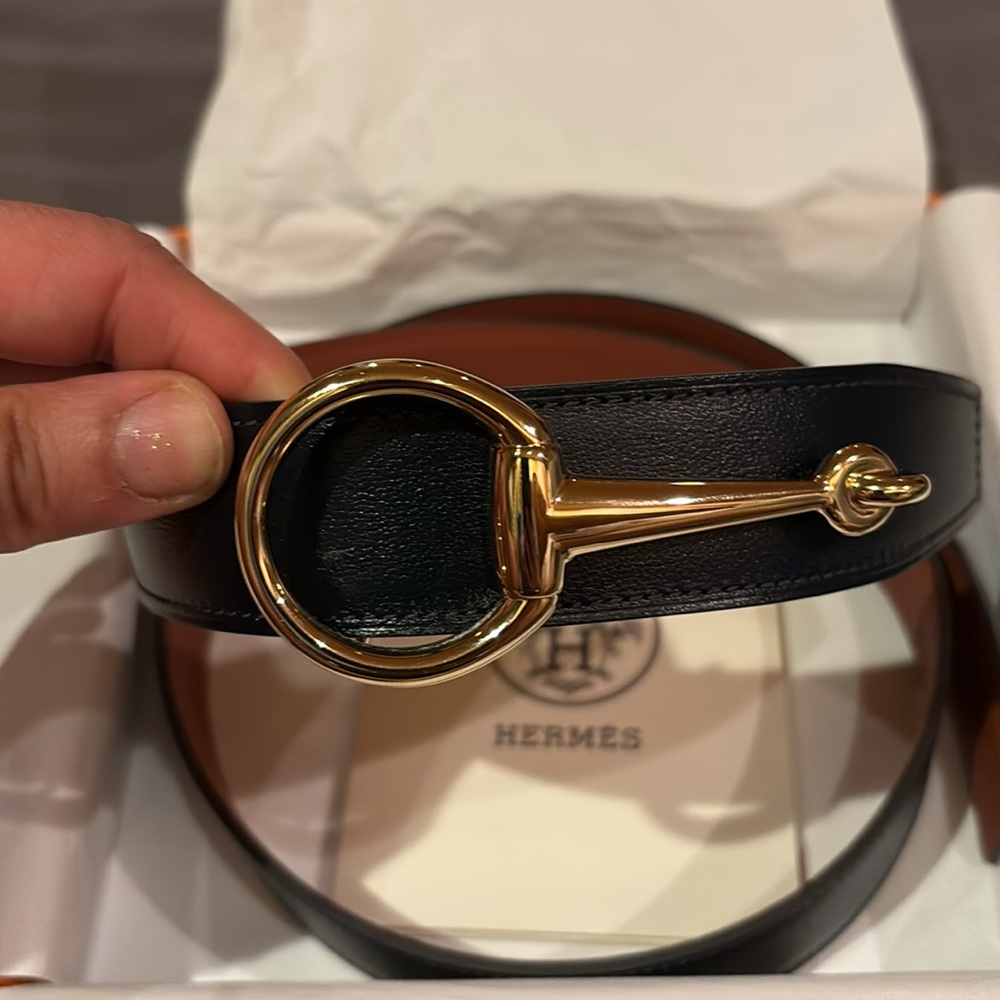Hermes Black Leather Belt with Gold Stirrup Buckle